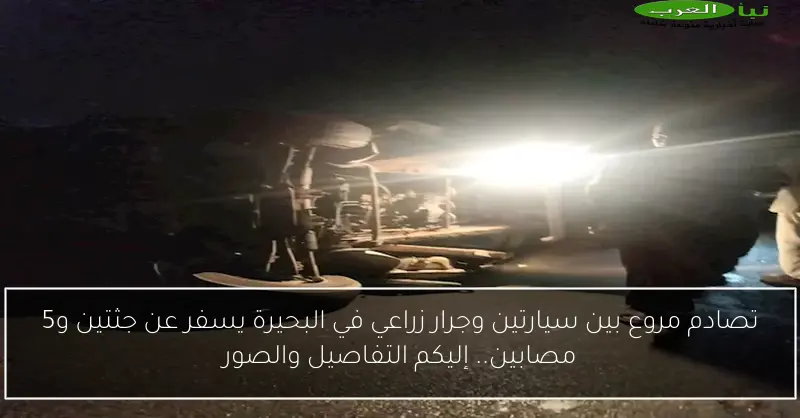 تصادم مروع بين سيارتين وجرار زراعي في البحيرة يسفر عن جثتين و5 مصابين.. إليكم التفاصيل والصور
