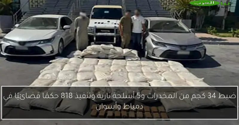 ضبط 34 كجم من المخدرات و5 أسلحة نارية وتنفيذ 818 حكمًا قضائيًا في دمياط وأسوان